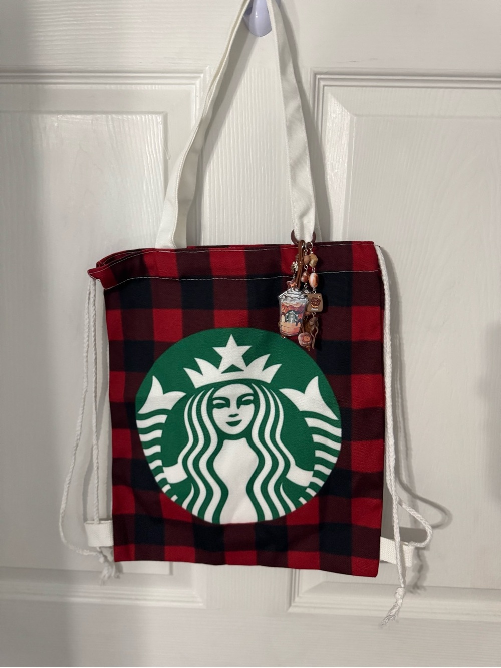Starbucks Red and Black Buffalo Plaid Tote-Green Logo with a removable Charm.